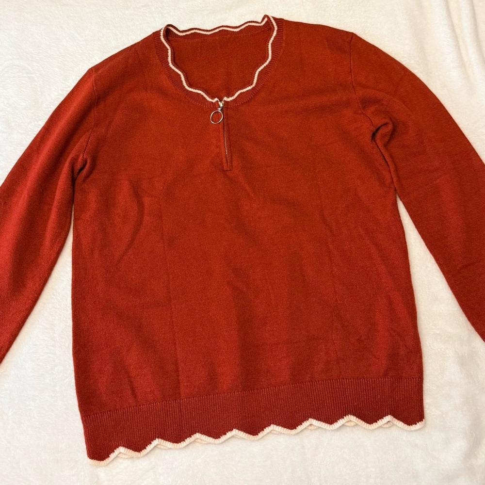 Women's Dark Red Zip-Neck Sweater with White Scalloped Trim Size XL